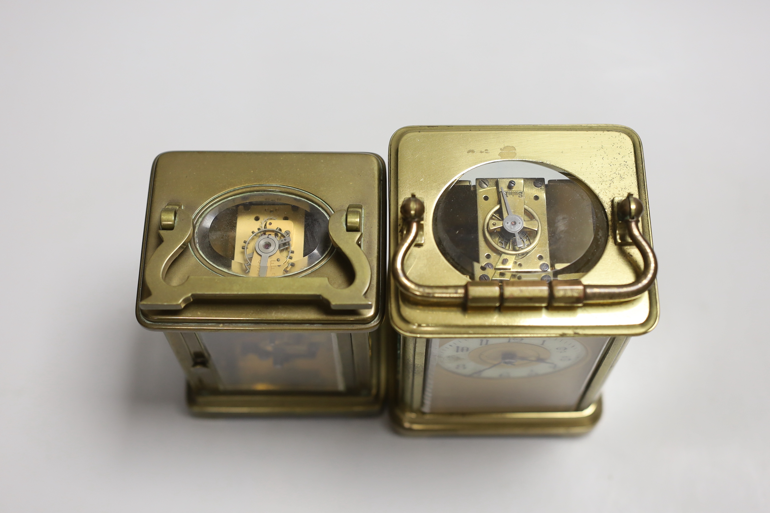 Two brass carriage timepieces, tallest 16cm